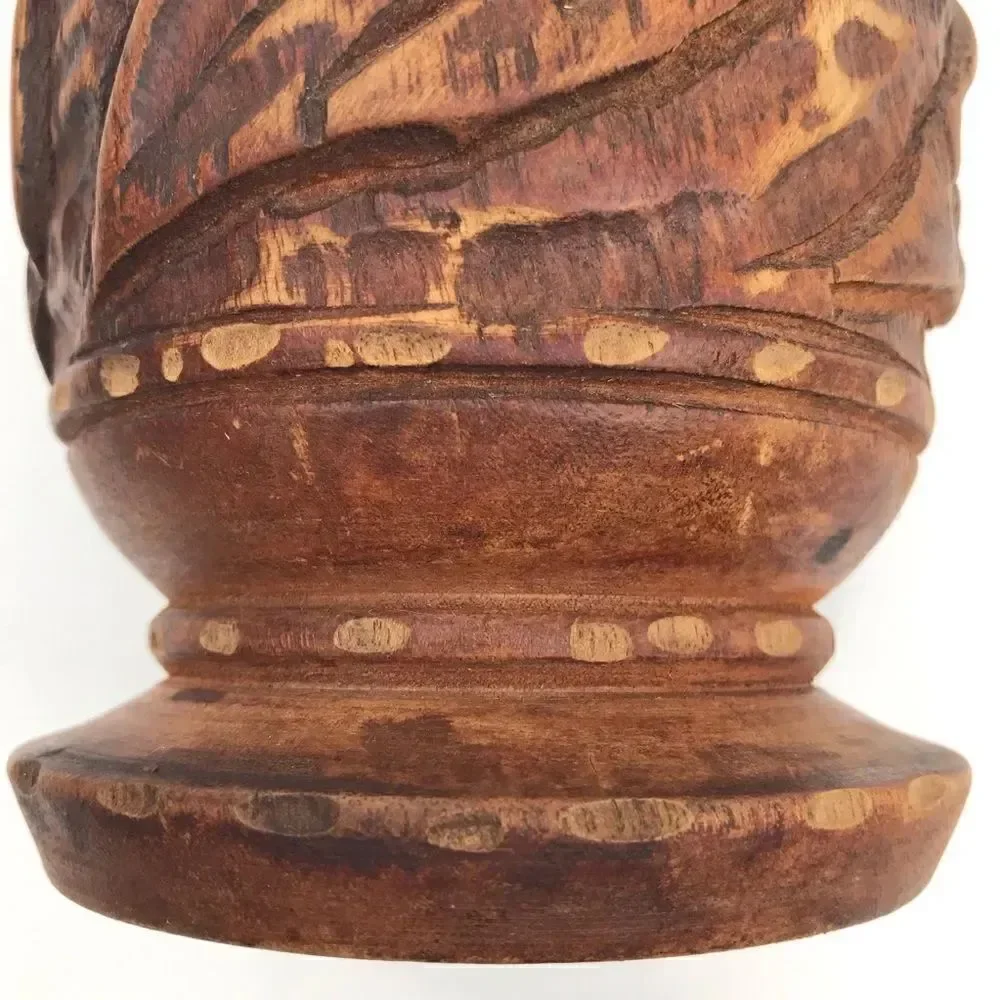 Wood Hand Carved Brown Turned Pedestal  Vase